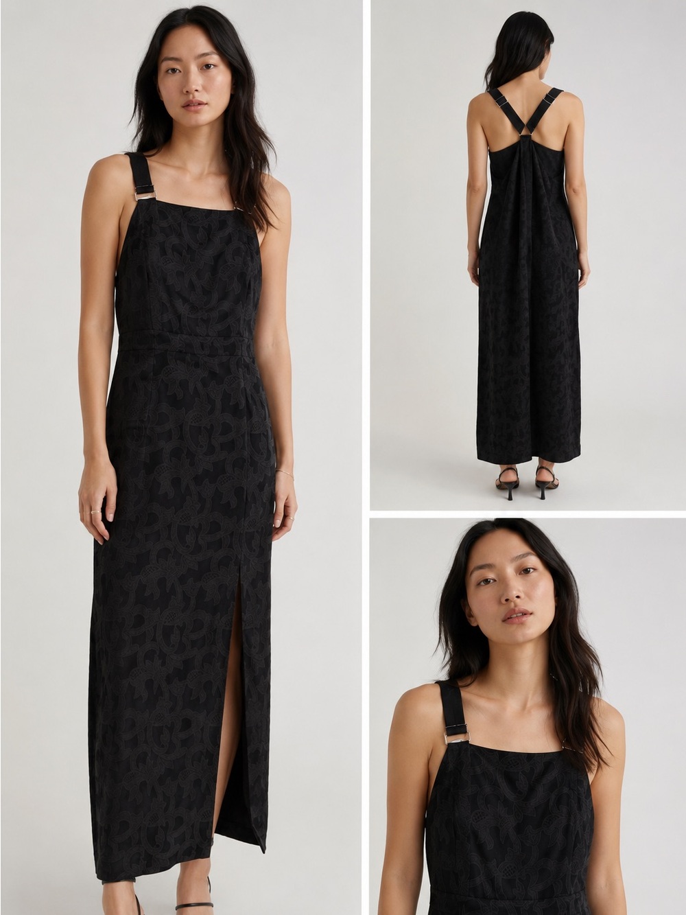 & Other Stories Black Jacquard Midi Dress with Strap Details